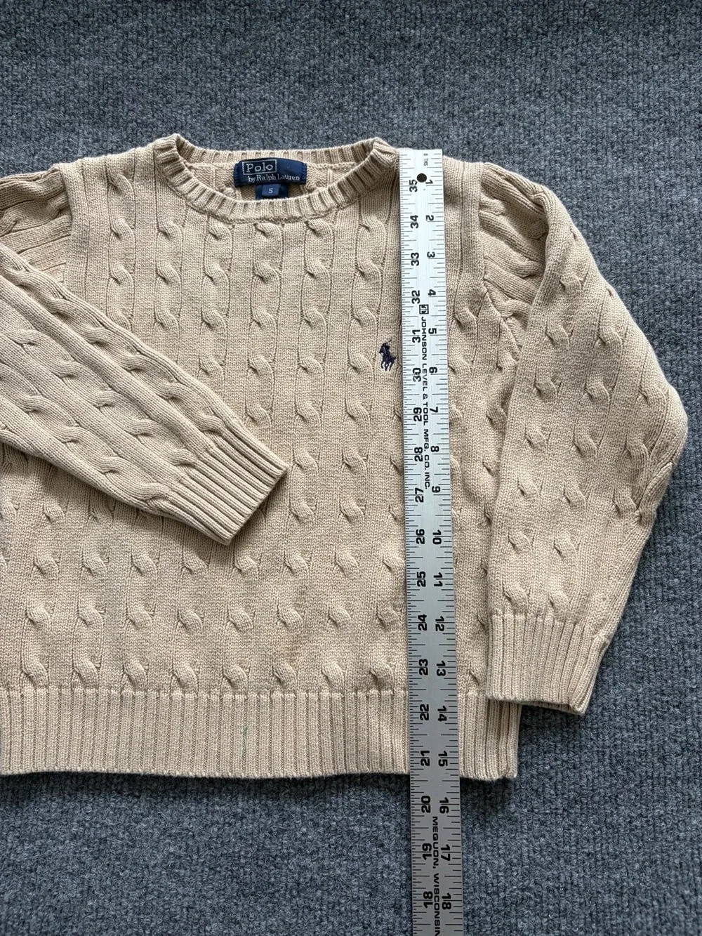 Polo Ralph Lauren Boys Size 5 Cable Knit Sweater Beige Tan Cotton Pony